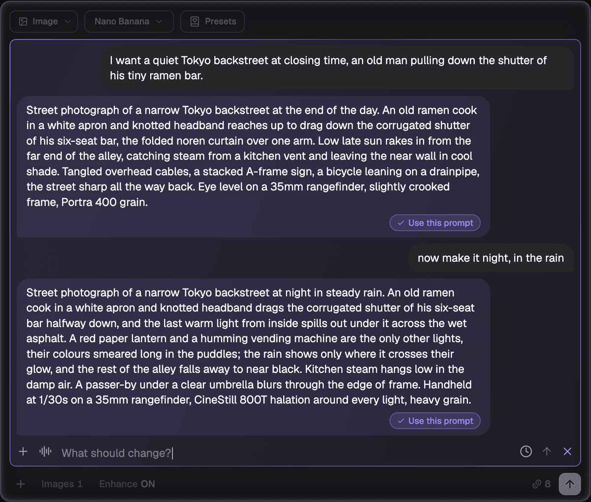 The prompt enhancer turning the conversation into a finished prompt