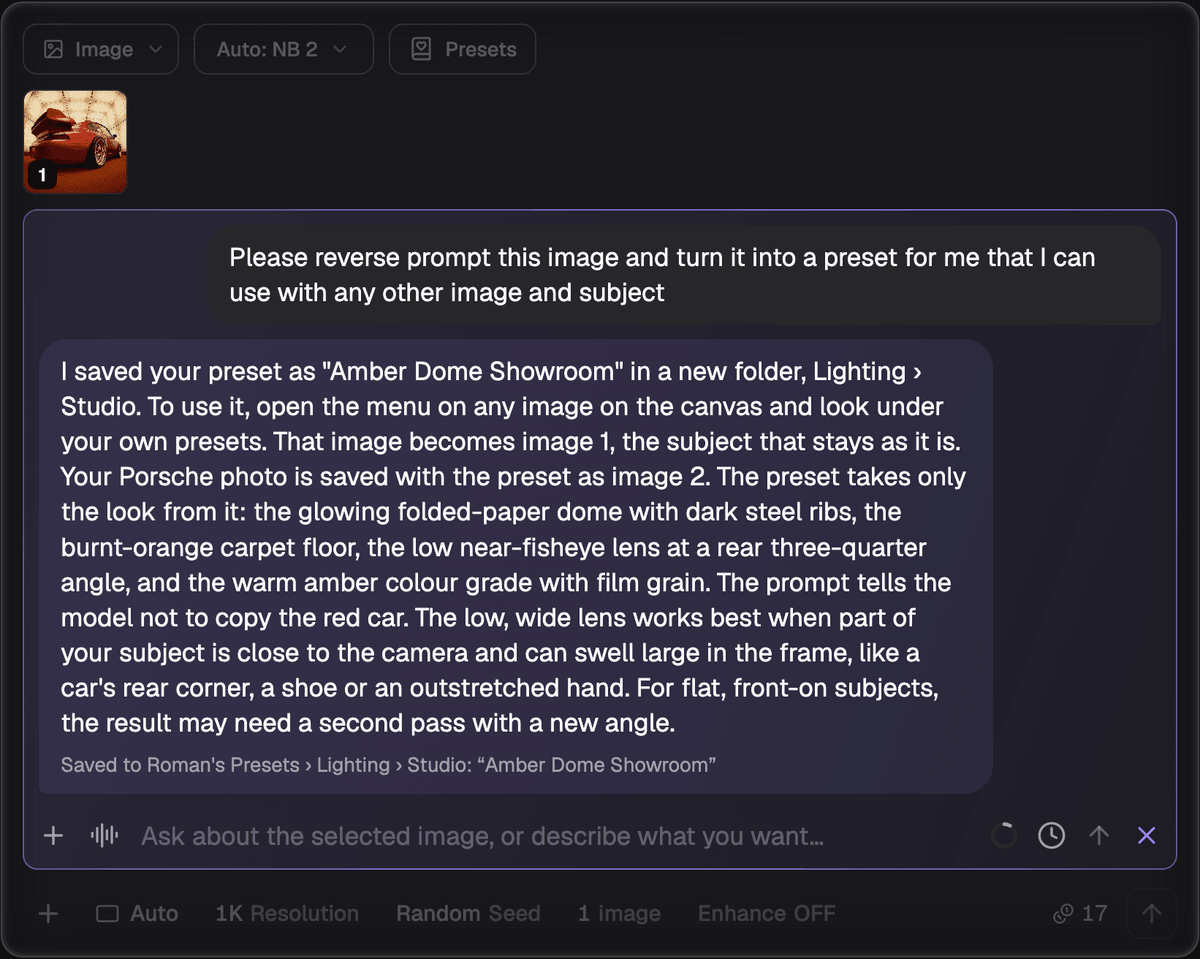 The agent's reply with the new preset saved